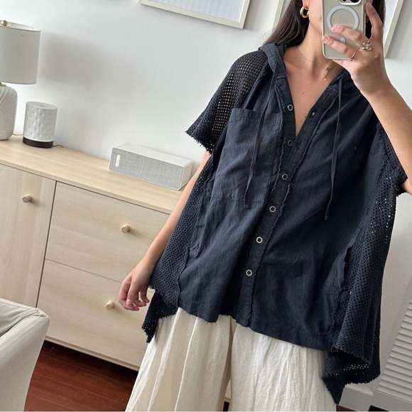 NEW Free People Tunic Womens Medium 100% Cotton Lagenlook Hooded Mesh Top Blouse - Picture 5 of 11